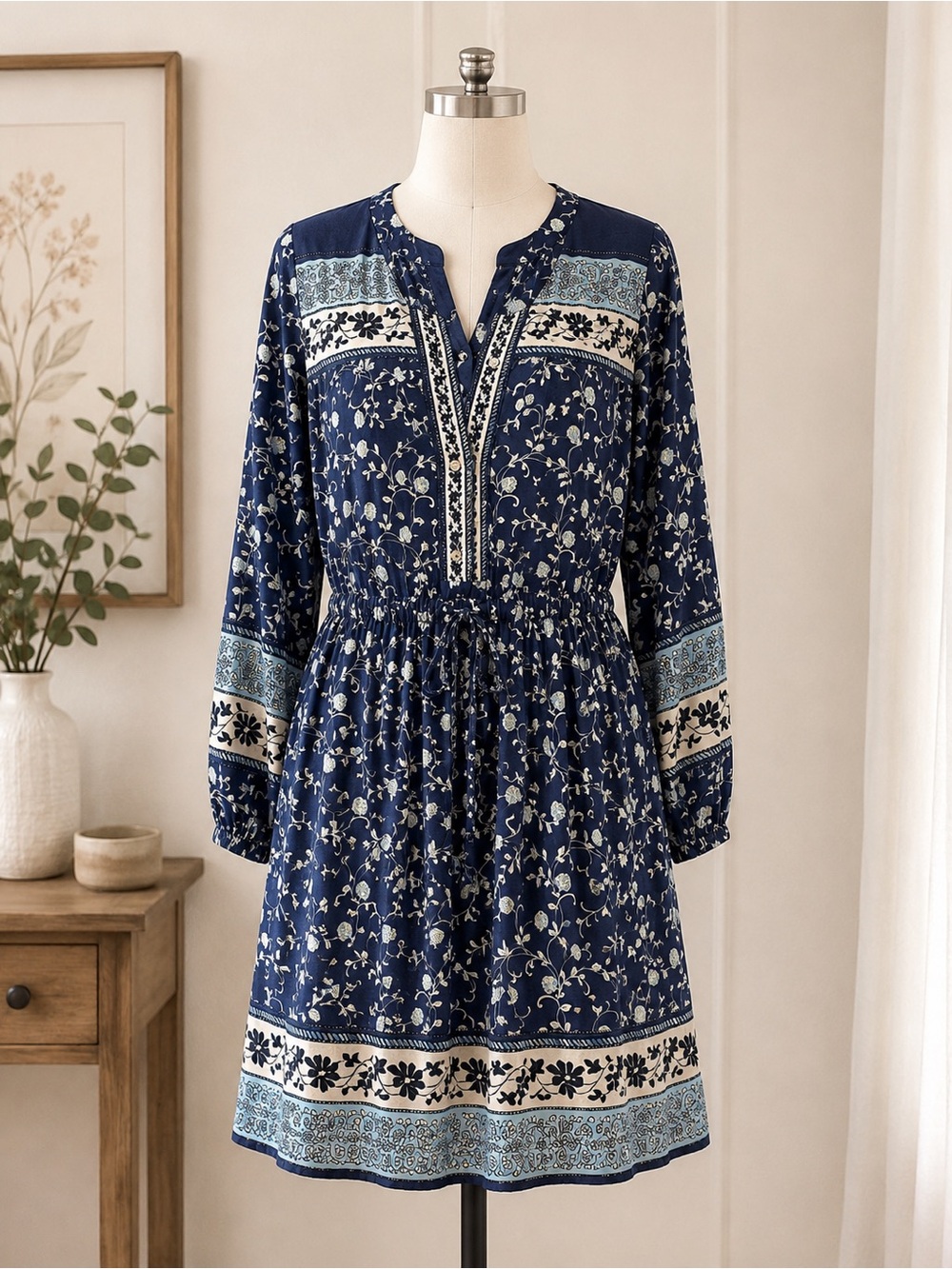 Navy Floral Long-Sleeve Tie-Waist Jumper